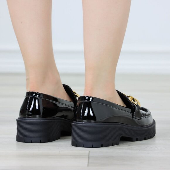Womens Chunky Penny Loafer Lug Sole Slip On Platform Black Patent Gold Chain - Picture 6 of 15